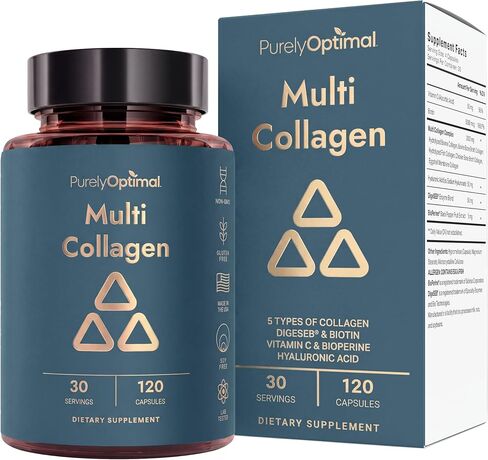 Purely Optimal Premium Multi Collagen Peptides Capsules (Types I, II, III, V, X) - Hair, Skin and Nails, Digestive & Joint Health Supplement, Hydrolyzed Collagen Pills (90 Capsules) in Kuwait