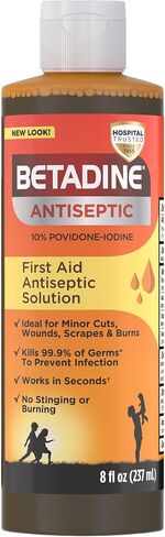 Betadine Antiseptic Liquid First Aid Solution, Povidone-iodine 10%, Infection Protection, Kills Germs In Minor Cuts Scrapes And Burns, No Sting Promise, No Alcohol or Hydrogen Peroxide, 8 FL OZ in Kuwait
