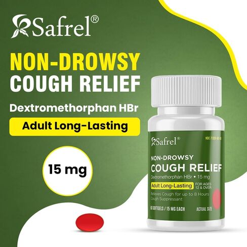 Safrel Adult Cough Relief for Adults Dextromethorphan HBr 15mg (100 Softgels) 8-Hour, Non-Drowsy, Long-Lasting Bronchial Suppressant (100 Count (Pack of 1)) in Saudi Arabia