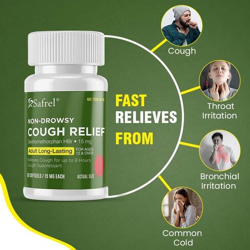 Safrel Adult Cough Relief for Adults Dextromethorphan HBr 15mg (100 Softgels) 8-Hour, Non-Drowsy, Long-Lasting Bronchial Suppressant (100 Count (Pack of 1)) in Saudi Arabia