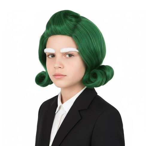 Boys Short Green Wavy Wig with White Eyebrow Set Halloween Character Costume Wig (Green) in Kuwait