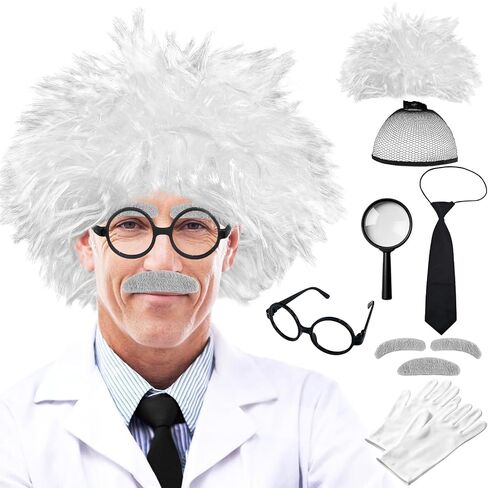 Rrshnsgv 10 PCS Old Man Mad Scientist Wig Set,Dressing up Grandpa Costume,Crazy Physicist Wig Costume for Cosplay Party,Stage Performance in Saudi Arabia