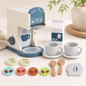 Wooden Toy Coffee Maker for Kids, Pretend Play Coffee Machine with Pods, Cups & Accessories, Little Barista Play Kitchen Set, Screen for Boys Girls Ages 3+ in Kuwait