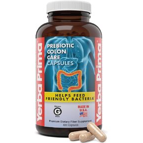 Yerba Prima Prebiotic Colon Care Capsules, 400 Caps - Five Forms of Fiber Plus FOS Pre-biotics - Dietary Health Supplement - Healthy Soluble & Insoluble Fibers for Regularity & Digestive Support in Saudi Arabia