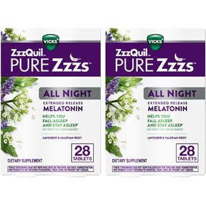 ZzzQuil PURE Zzzs طوال الليل، إصدار ممتد، أقراص الميلاتونين للمساعدة على النوم، تساعدك على البقاء نائمًا لفترة أطول، للبالغين، 2 مجم لكل قرص، 28 قطعة (عبوة من قطعتين) in Kuwait
