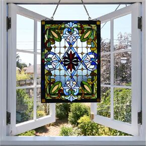 Tiffany Stained Glass 20" x 29" Window Panel, 100% Genuine Stained Glass, 480 Glass cuts, 20 by 29-Inch, Hanging Chain Included, Blue in Saudi Arabia