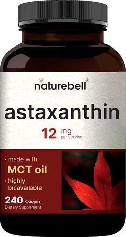 NatureBell Astaxanthin 12 مجم، 240 كبسولة هلامية، مصنوعة من Astax (أقصى قوة من الطحالب الدقيقة)، مضادات الأكسدة الطبيعية لصحة الجلد والعين - غير معدلة وراثيًا ولا تحتوي على الغلوتين، كمية تكفي لمدة 4 أشهر in Kuwait