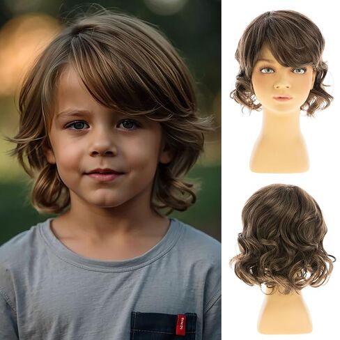 Short Curly Wavy Brown Kids Wig Synthetic Cosplay Boys Wig Halloween Costume Party Use in Kuwait