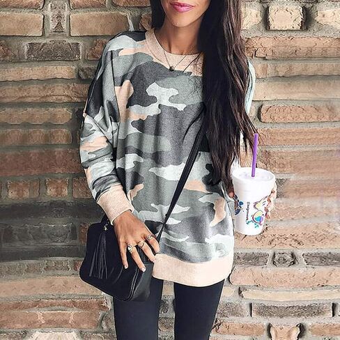 ECOWISH Women's Camouflage Print Casual Leopard Pullover Long Sleeve Sweatshirts Top Blouse in Kuwait