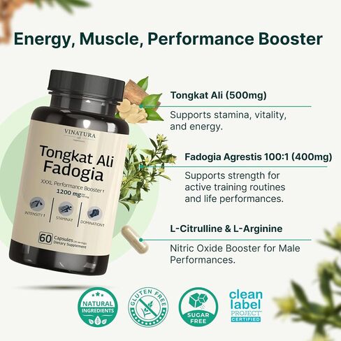 Fadogia Agrestis Tongkat Ali 1200mg, Enhanced with L-Citrulline and L-Arginine - Equivalent to 54,300mg Raw Per Serving *USA Made and Tested* Complex Herbal Supplement, 60 Capsules in Kuwait