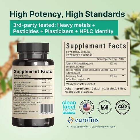Fadogia Agrestis Tongkat Ali 1200mg, Enhanced with L-Citrulline and L-Arginine - Equivalent to 54,300mg Raw Per Serving *USA Made and Tested* Complex Herbal Supplement, 60 Capsules in Kuwait