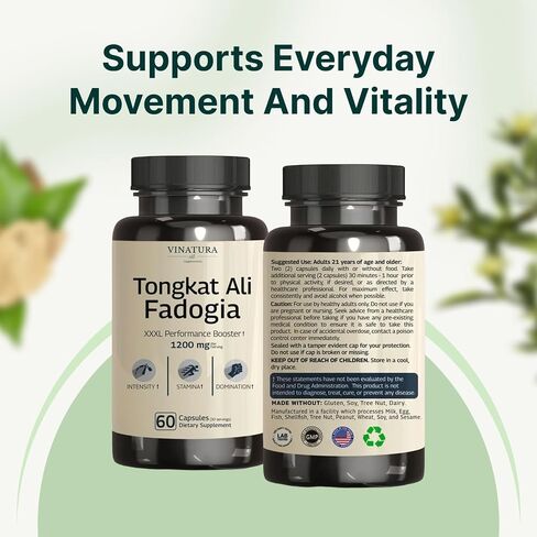 Fadogia Agrestis Tongkat Ali 1200mg, Enhanced with L-Citrulline and L-Arginine - Equivalent to 54,300mg Raw Per Serving *USA Made and Tested* Complex Herbal Supplement, 60 Capsules in Kuwait