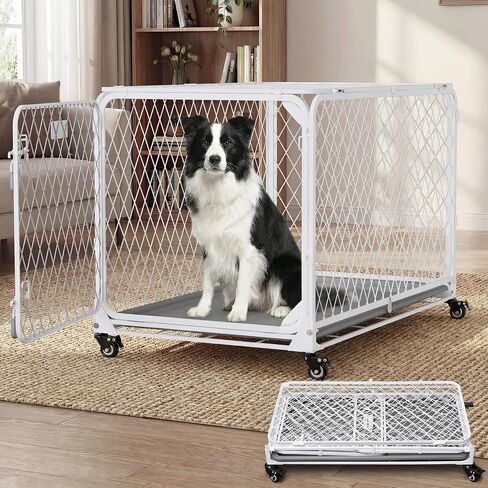 42 Inch Collapsible Dog Crate with Diamond Mesh, No-Tool Assembly Foldable Dog Kennel with 4 Lockable Wheels,Removable Tray,Portable Dog Cage for Medium/Large Dogs, Space-Saving, Indoor Outdoor Use in Saudi Arabia