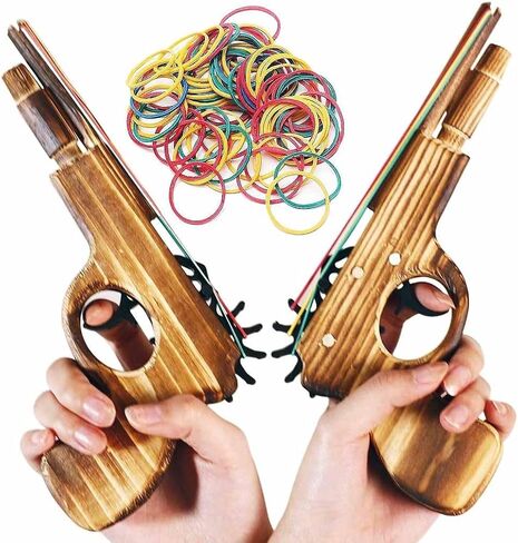 2 Pcs Wooden Rubber Band Gun Kids Outdoor Toy with 100 Rubber Bands 9 Inches Length (Log Color) in Saudi Arabia