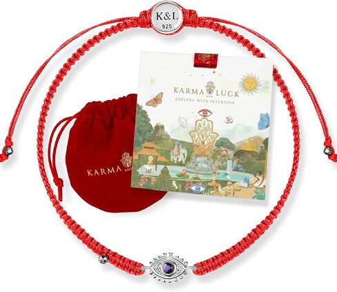 KARMA AND LUCK - تغلب على القلق - سوار نسائي من الفضة الإسترليني عيار 925 مصنوع من حجر الجمشت الحقيقي وعين الشر بخيط أحمر قابل للتعديل وإغلاق مصنوع يدويًا في بالي in Kuwait
