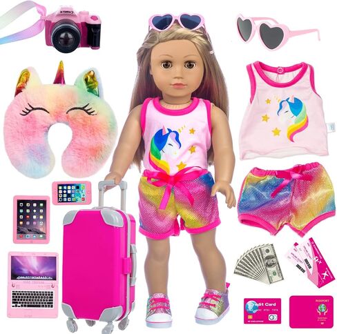 XFEYUE 23 Pcs American 18" Doll Clothes and Accessories Travel Set（No Doll in Kuwait