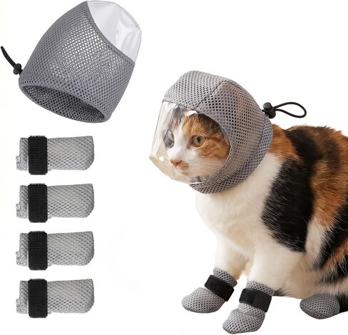 Cat Muzzle Adjustable Anti-Bite Head Cover Breathable Cat Grooming Helmet Mask Kitten Gloves Mesh Prevent Protectors Pet Anti-Scratch Claw Boots for Cutting Nail Trimming Bathing Injections in Kuwait