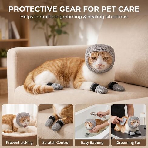 Cat Muzzle Adjustable Anti-Bite Head Cover Breathable Cat Grooming Helmet Mask Kitten Gloves Mesh Prevent Protectors Pet Anti-Scratch Claw Boots for Cutting Nail Trimming Bathing Injections in Kuwait