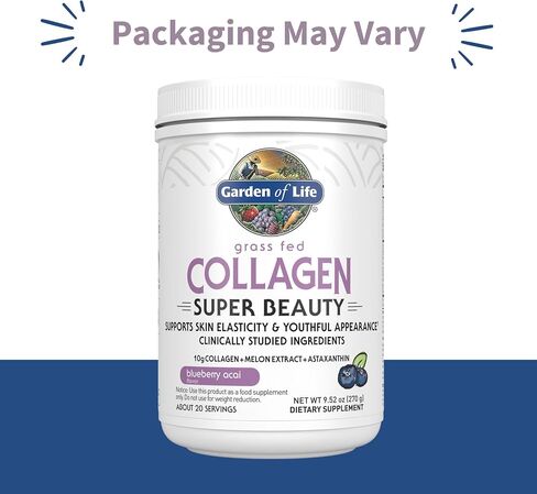Garden of Life Grass Fed Collagen Super Beauty Powder - Blueberry Acai, 20 Servings, Collagen Powder for Women Skin Hair Nails Joints, Collagen Peptides Powder, Collagen Protein, Collagen Supplements in Kuwait