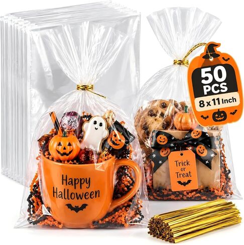 Cellophane Bags, 100 Pack 6 x 10 Inch Clear Treat Bags with Gold Twist Ties in Saudi Arabia