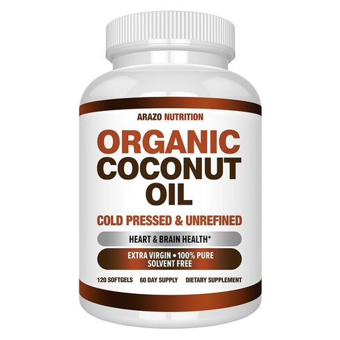 Arazo Nutrition Organic Coconut Oil 2000 MG - 100% Extra Virgin Unrefined Cold Pressed for Weight Support, Skin, Hair, Nails - 120 Softgel Capsules in Kuwait