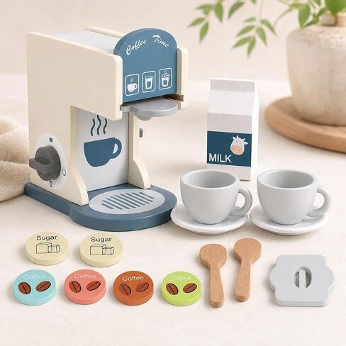 Wooden Toy Coffee Maker for Kids, Pretend Play Coffee Machine with Pods, Cups & Accessories, Little Barista Play Kitchen Set, Screen for Boys Girls Ages 3+ in Kuwait