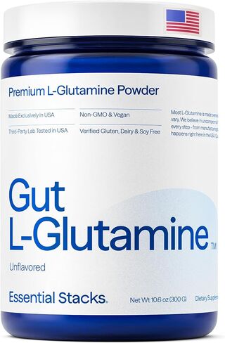 Essential Stacks Gut L-Glutamine Powder - Made in USA - Pure L Glutamine Powder for Leaky Gut, Bloating & Gut Health - Dairy, Soy & Gluten Free, Non-GMO, Vegan Glutamine Supplement in Saudi Arabia