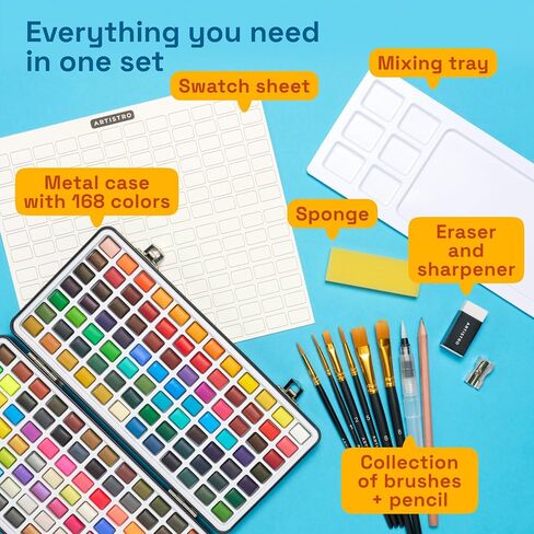 ARTISTRO Deluxe Watercolor Paint Set with Palette & Brush Pens - 168 Colors in Kuwait