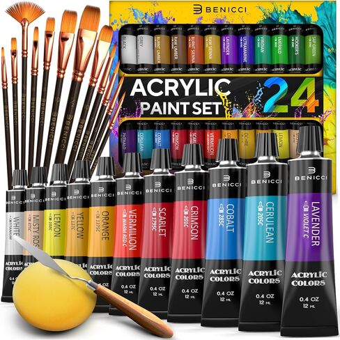 Complete Acrylic Paint Set – 24х Rich Pigment Colors – 12x Art Brushes with Bonus Paint Art Knife & Sponge – for Painting Canvas, Clay, Ceramic & Crafts, Non-Toxic & Quick Dry – for Kids & Adults in Kuwait