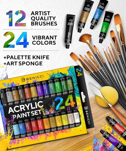 Complete Acrylic Paint Set – 24х Rich Pigment Colors – 12x Art Brushes with Bonus Paint Art Knife & Sponge – for Painting Canvas, Clay, Ceramic & Crafts, Non-Toxic & Quick Dry – for Kids & Adults in Kuwait