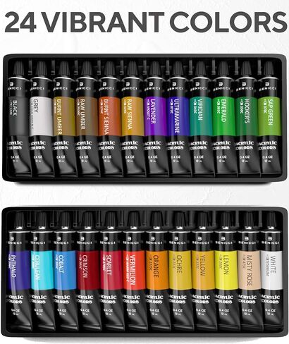 Complete Acrylic Paint Set – 24х Rich Pigment Colors – 12x Art Brushes with Bonus Paint Art Knife & Sponge – for Painting Canvas, Clay, Ceramic & Crafts, Non-Toxic & Quick Dry – for Kids & Adults in Kuwait