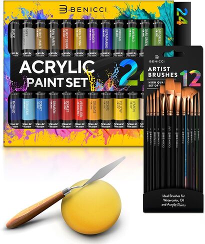 Complete Acrylic Paint Set – 24х Rich Pigment Colors – 12x Art Brushes with Bonus Paint Art Knife & Sponge – for Painting Canvas, Clay, Ceramic & Crafts, Non-Toxic & Quick Dry – for Kids & Adults in Kuwait