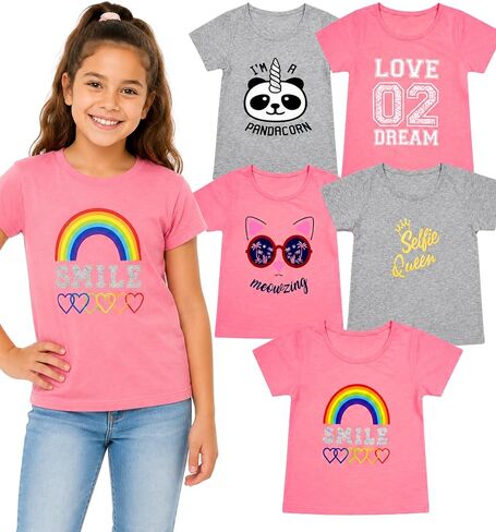 MISS POPULAR Girls 5-Pack Printed T-Shirts, Pink Grey Short Sleeve, Crew Neck. Unicorn, Panda, Selfie, Rainbow. Size 4-16 in Kuwait