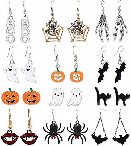 24 Pairs Halloween Stud Earrings Sets Bat Cat Witch Stud Earrings Set Spider Web Pumpkin Skull Drop earrings Halloween Jewelry for Women in Kuwait