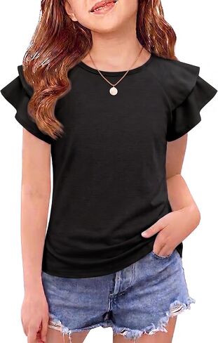 Girls T Shirts Ruffle Short Sleeve Round Neck Loose Blouse Summer Solid Color Casual Girl Tee Tops for 3-12 Years in Kuwait