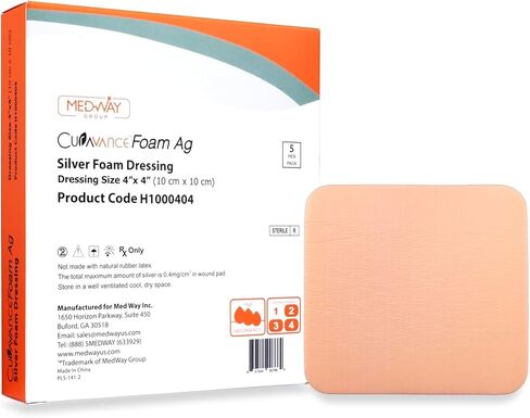 Silver Foam Ag Sterile Highly Absorbent Antibacterial Dressing w/o PU Backing, 4"x 4", 5 dressings/Box, MedHeal by MedvanceTM in Kuwait