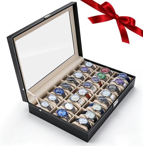 Artilife 24 Slots Watch Display Case Glass Top for Men,PU Leather Display Storage Collection Organizer Jewelry Case with Removable Pillows in Kuwait