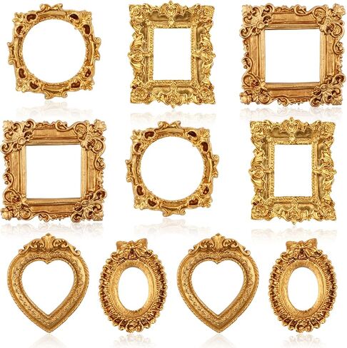 10 Pcs Gold Mini Picture Frames, Small Vintage Resin Antique Picture Frame Baroque Ornate Tiny Frames for DIY Wall Home Wedding Decor Jewelry Display, Without Glass or Backing in Kuwait