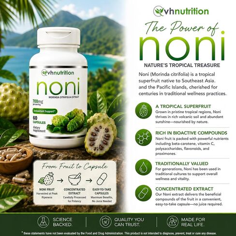 VH Nutrition NONI Capsules | 700mg Morinda citrifolia Extract Pills | Natural Antioxidant* Supplement | 60 Capsules in Kuwait