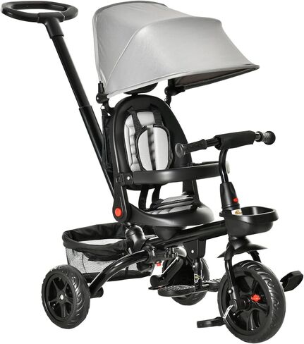 Qaba Kids Tricycle 4 in 1 Trike مع مقعد قابل للانعكاس ، مقبض دفع 2.8-3.1 '، المظلة ، الدرابزين ، حزام الأمان ، قابض فرامل المسند للتخزين ، لمدة 1-5 سنوات ، أسود in Kuwait