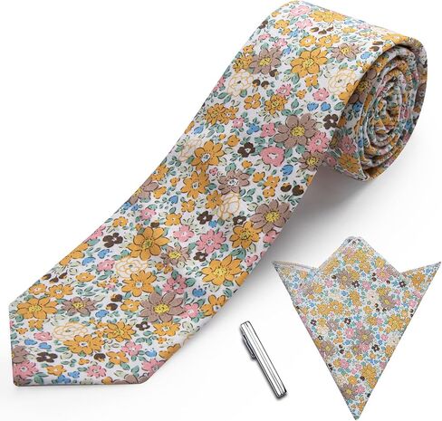 YourTies 2.5" Men's Skinny Tie Cotton FloraL Printed Necktie Tie Clip and Pocket Square Sets with Gift Box in Kuwait