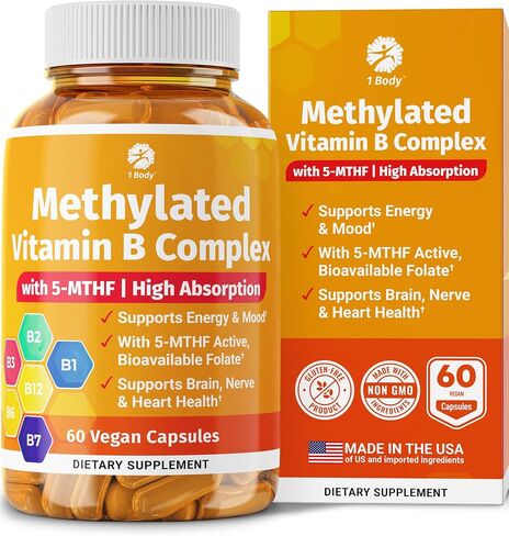 Vitamin B Complex – Methylated B Vitamins for Energy, Brain & Metabolism Support | BioActive B Complex Vitamins for Women & Men with Methyl Folate (5-MTHF) & Methyl B12 – 60 Count in Kuwait