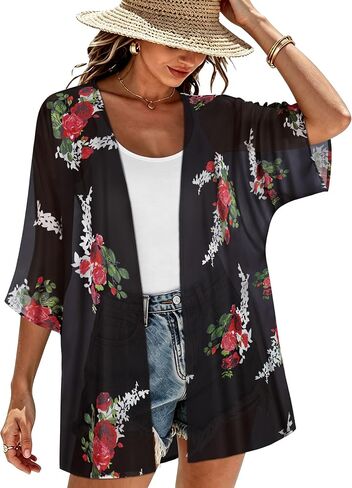 Women's Floral Print Puff Sleeve Kimono Cardigan Loose Cover Up Casual Blouse Tops in Kuwait