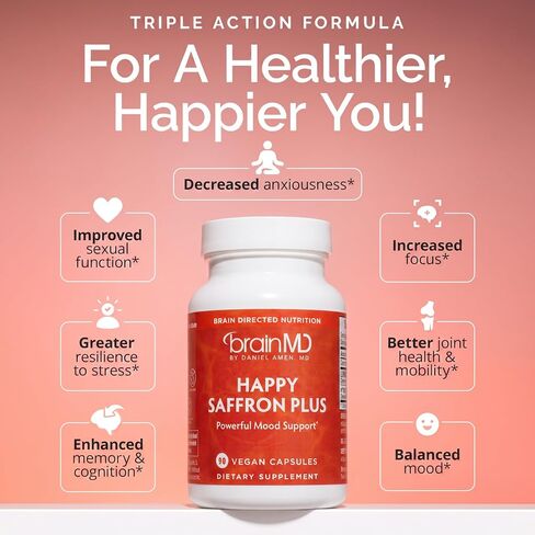 Dr Amen BrainMD Happy Saffron Plus - 90 Capsules - With Saffron Flower Extract, Curcumin & Zinc - Vegan, Gluten Free - 30 Servings in Saudi Arabia