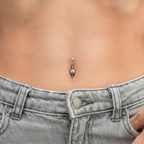 JewelryWeb خاتم السرة من الذهب الأصفر أو الأبيض أو الوردي عيار 14 قيراطًا منحنيًا بأزرار مزدوجة (5 مم × 22 مم) in Kuwait