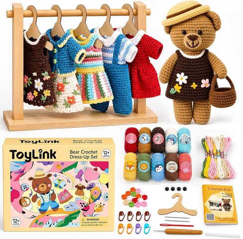 Toylink Crochet Kit for Beginners, DIY Crochet Bear Dress Up Kit with 5 Outfits, Wooden Hangers, Yarn, Crochet Hook & Step-by-Step Tutorials, Handmade Craft Kit for Adults and Kids in Saudi Arabia