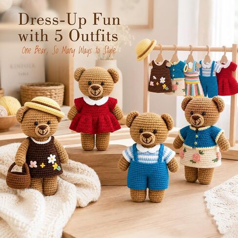 Toylink Crochet Kit for Beginners, DIY Crochet Bear Dress Up Kit with 5 Outfits, Wooden Hangers, Yarn, Crochet Hook & Step-by-Step Tutorials, Handmade Craft Kit for Adults and Kids in Saudi Arabia