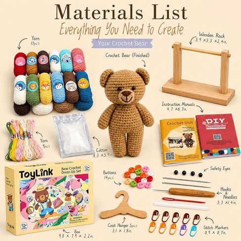 Toylink Crochet Kit for Beginners, DIY Crochet Bear Dress Up Kit with 5 Outfits, Wooden Hangers, Yarn, Crochet Hook & Step-by-Step Tutorials, Handmade Craft Kit for Adults and Kids in Saudi Arabia