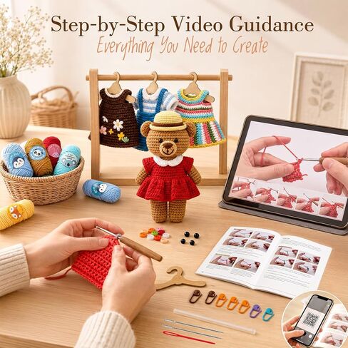 Toylink Crochet Kit for Beginners, DIY Crochet Bear Dress Up Kit with 5 Outfits, Wooden Hangers, Yarn, Crochet Hook & Step-by-Step Tutorials, Handmade Craft Kit for Adults and Kids in Saudi Arabia