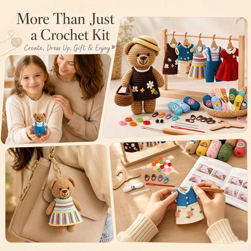 Toylink Crochet Kit for Beginners, DIY Crochet Bear Dress Up Kit with 5 Outfits, Wooden Hangers, Yarn, Crochet Hook & Step-by-Step Tutorials, Handmade Craft Kit for Adults and Kids in Saudi Arabia